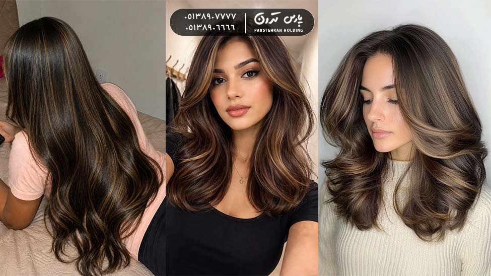 Black with Hazel Highlights The Best Hair Color for Girls مشکی با هایلایت فندقی؛ بهترین مدل رنگ مو دخترانه