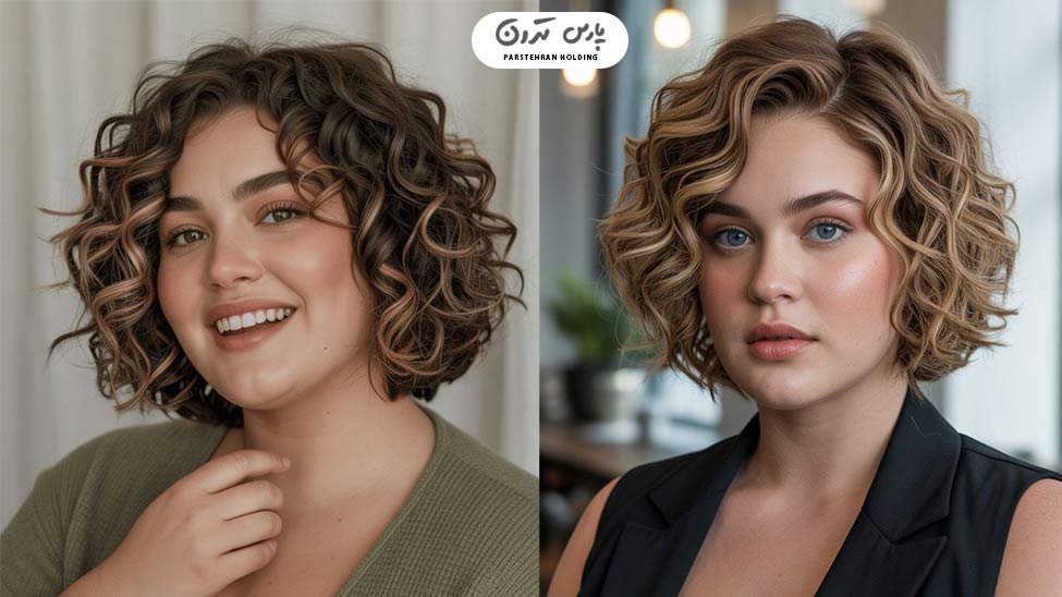 Short curly bob with slanted parting1 مدل مو باب کوتاه فر با فرق کج