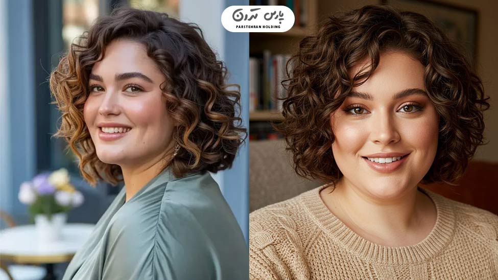 Short curly bob with slanted parting2 مدل مو باب فر با فرق کج