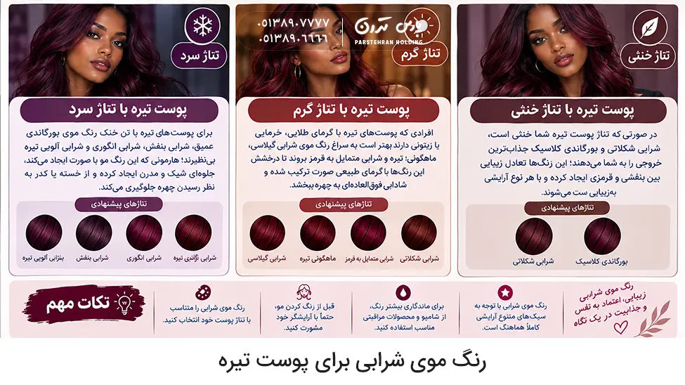 Burgundy hair color for different dark skin tones رنگ موی شرابی برای تناژهای مختلف پوست تیره