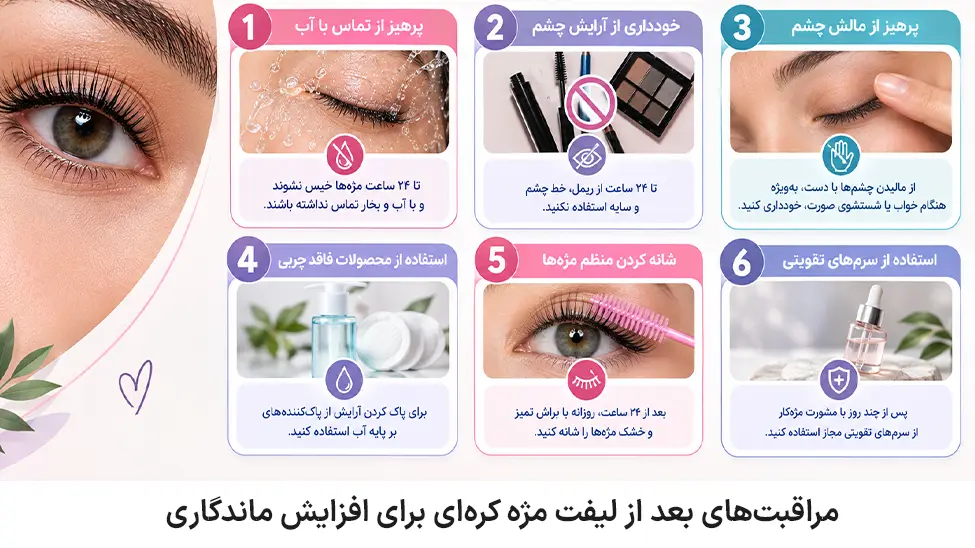 Aftercare for Korean Eyelash Lifts to Prolong Longevity مراقبتهای بعد از لیفت مژه کرهای برای افزایش ماندگاری