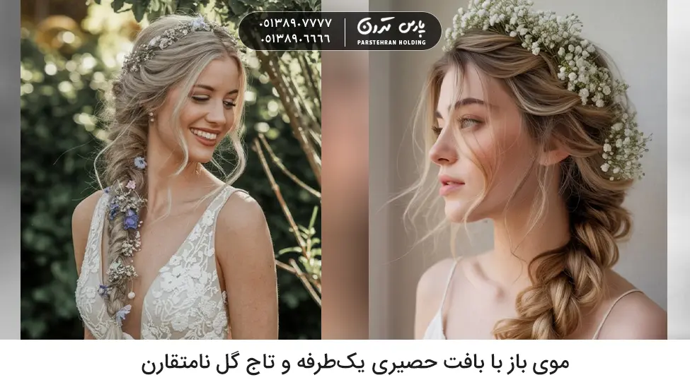 Loose hair with a side basket weave braid and an asymmetrical floral crown موی باز با بافت حصیری یکطرفه و تاج گل نامتقارن