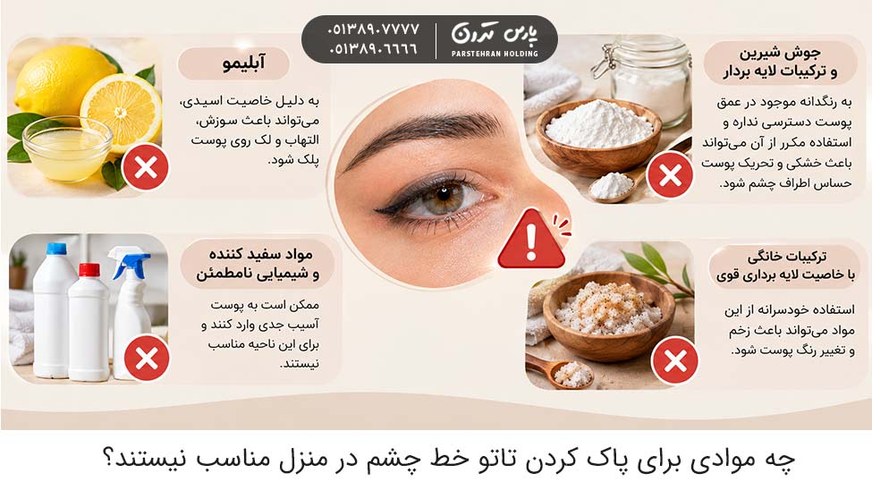 What materials are not suitable for removing eyeliner tattoos at home چه موادی برای پاک کردن تاتو خط چشم در منزل مناسب نیستند؟